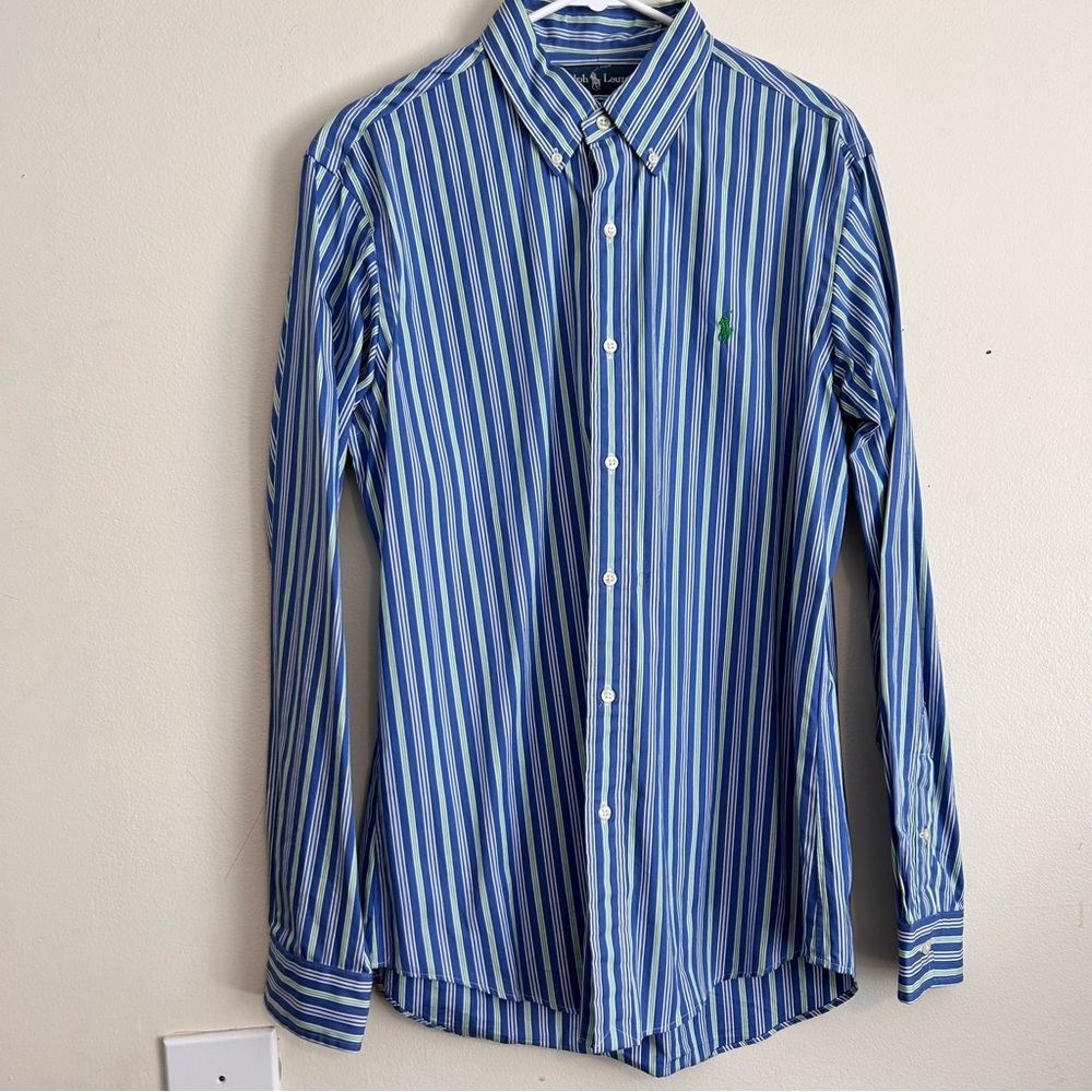 Ralph Lauren Men's Blue and Green Striped Button-Down Shirt